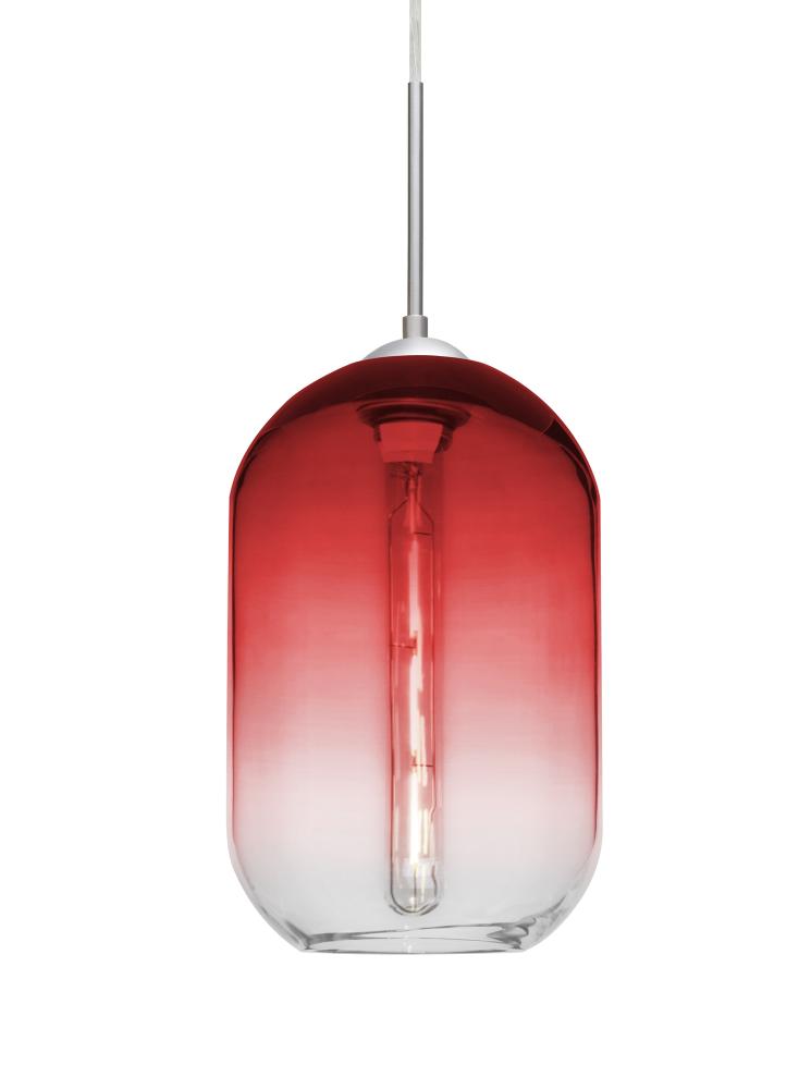 Besa, Omega 12 Cord Pendant, Red/Clear, Satin Nickel Finish, 1x4W LED Filament