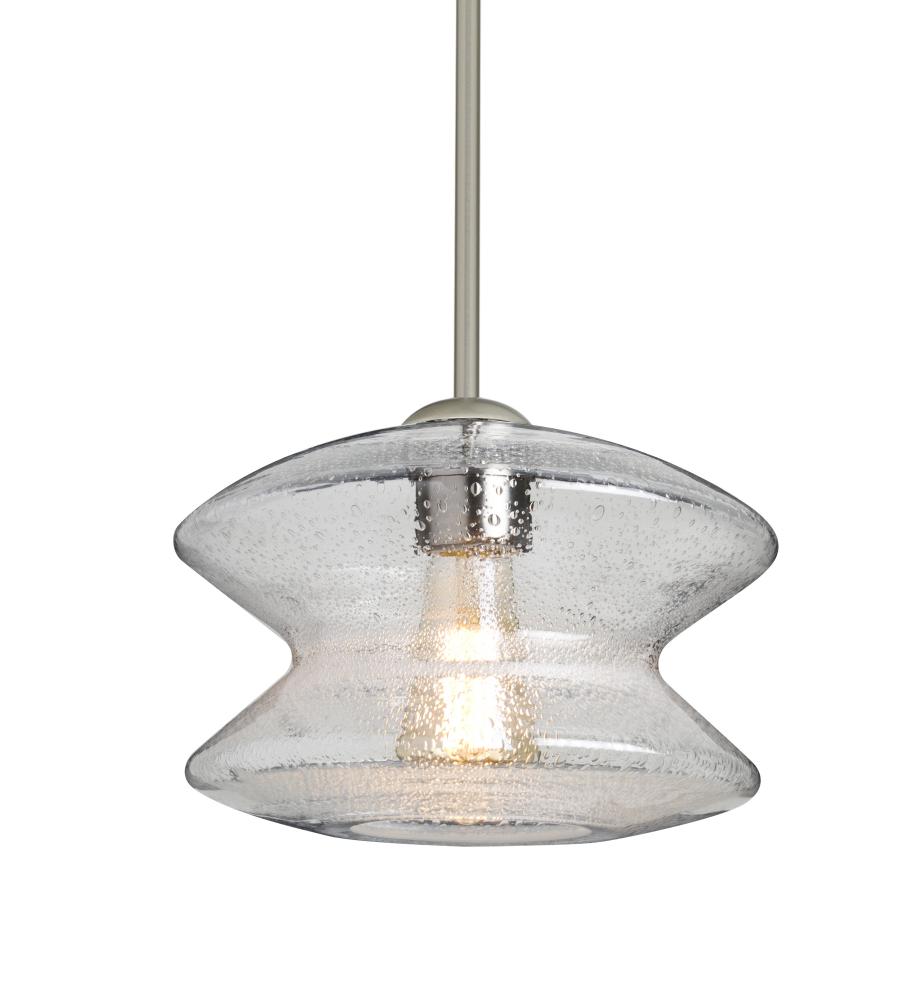 Besa, Zen Stem Pendant , Clear Bubble, Satin Nickel Finish, 1x8W LED Filament