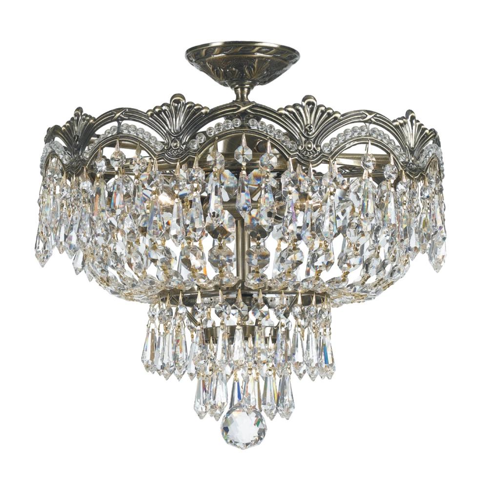 Majestic 3 Light Clear Italian Crystal Historic Brass Semi Flush Mount