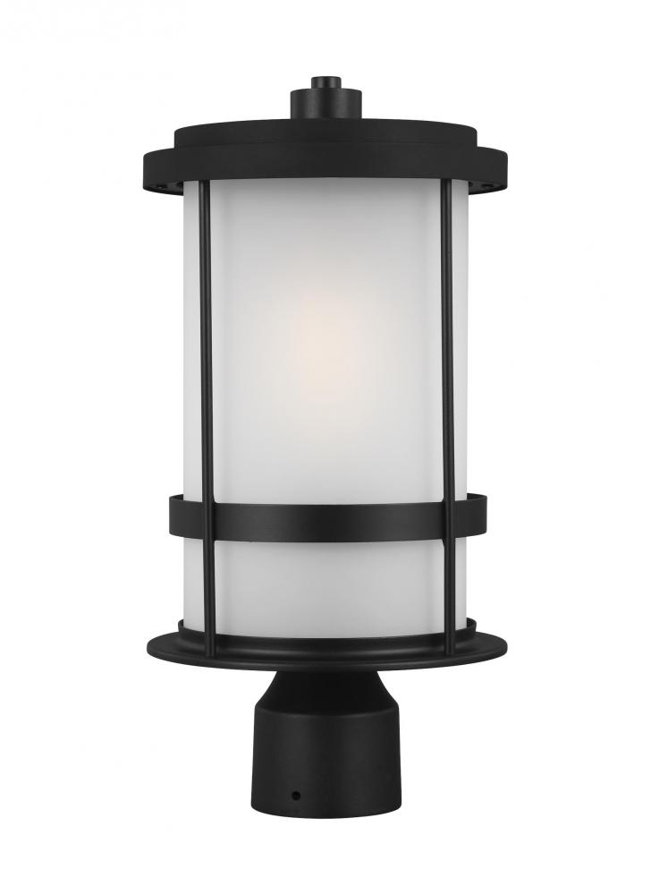 Wilburn modern 1-light LED outdoor exterior post lantern in black finish with satin etched glass sha