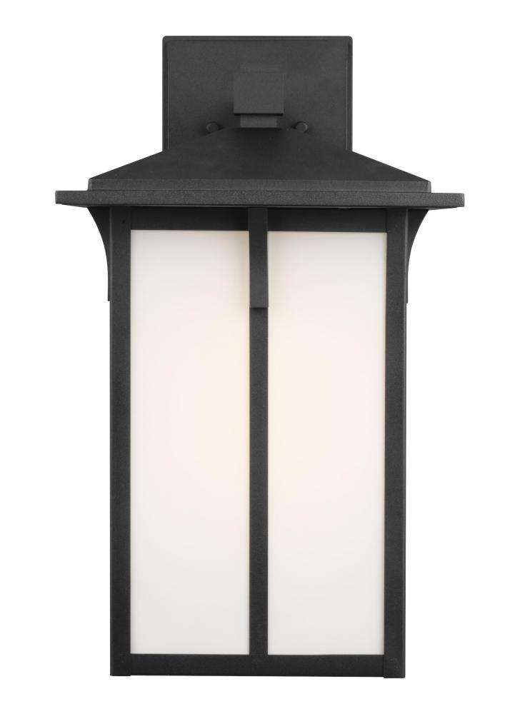 Tomek modern 1-light LED outdoor exterior large wall lantern sconce in black finish with etched whit